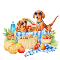 waterverf illustratie van schattig hond in zonnebril zittend in een mand met voedsel, ai generatief png