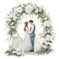bröllop par i en romantisk båge med blommor al generativ png
