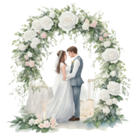 Casamento casal dentro uma romântico arco com flores al generativo png