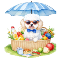 Watercolor illustration of cute dog in sunglasses sitting in a basket with food, png