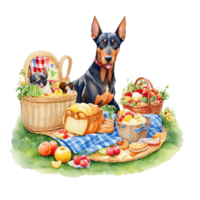 Watercolor illustration of cute dog in sunglasses sitting in a basket with food, png