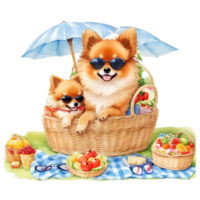 Watercolor illustration of cute dog in sunglasses sitting in a basket with food, png