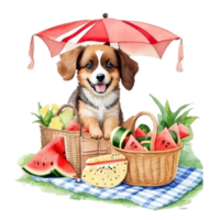 Watercolor illustration of cute dog in sunglasses sitting in a basket with food, png