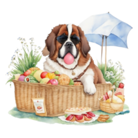 Watercolor illustration of cute dog in sunglasses sitting in a basket with food, png