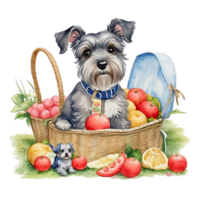 Watercolor illustration of cute dog in sunglasses sitting in a basket with food, png