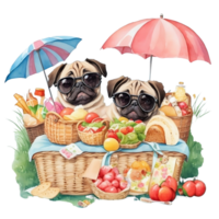 Watercolor illustration of cute dog in sunglasses sitting in a basket with food, png