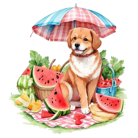 Watercolor illustration of cute dog in sunglasses sitting in a basket with food, png