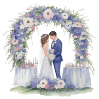 nozze coppia nel un' romantico arco con fiori al generativo png