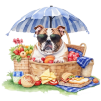 Watercolor illustration of cute dog in sunglasses sitting in a basket with food, png