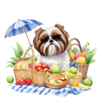 Watercolor illustration of cute dog in sunglasses sitting in a basket with food, png