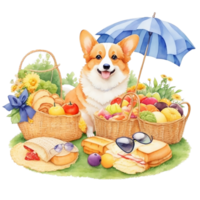 Watercolor illustration of cute dog in sunglasses sitting in a basket with food, png