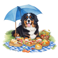 Watercolor illustration of cute dog in sunglasses sitting in a basket with food, png