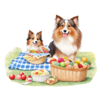 Watercolor illustration of cute dog in sunglasses sitting in a basket with food, png