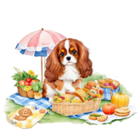 Watercolor illustration of cute dog in sunglasses sitting in a basket with food, png