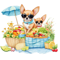 Watercolor illustration of cute dog in sunglasses sitting in a basket with food, png