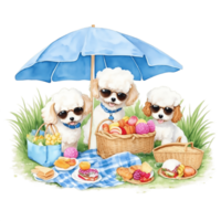 Watercolor illustration of cute dog in sunglasses sitting in a basket with food, png