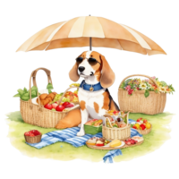 Watercolor illustration of cute dog in sunglasses sitting in a basket with food, png