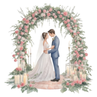 Hochzeit Paar im ein romantisch Bogen mit Blumen al generativ png