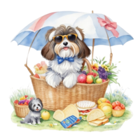 Watercolor illustration of cute dog in sunglasses sitting in a basket with food, png