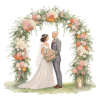 Casamento casal dentro uma romântico arco com flores al generativo png