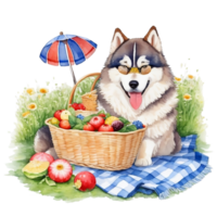 Watercolor illustration of cute dog in sunglasses sitting in a basket with food, png