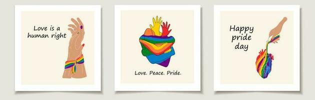 Set of pride day cards with Set of three Hands showing lgbt heart. Love, Month pride vector