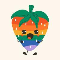 Cute happy funny rainbow Strawberry with kawaii eyes . Vector illustration isolated