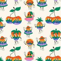 Seamless pattern with Cute happy funny rainbow fruits with kawaii eyes . Vector illustration isolated. Vector illustration isolated.