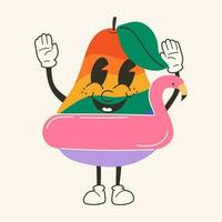 Cute happy funny rainbow pear with an inflatable circle 30s cartoon mascot character 40s, 50s, 60s old animation style. vector