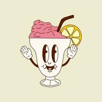 Cute happy funny milkshake 30s cartoon mascot character 40s, 50s, 60s old animation style. vector