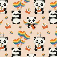 sin costura modelo con linda pequeño sentado pandas sostiene arco iris corazones. dibujos animados animal personaje vector