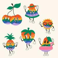 Set of Cute happy funny rainbow fruits with kawaii eyes . Vector illustration isolated.