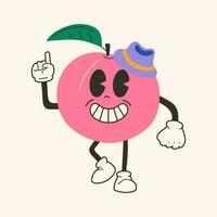 Cute happy funny peaches 30s cartoon mascot character 40s, 50s, 60s old animation style. vector