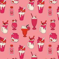 Seamless pattern with milkshakes with a strawberry and ice cream cone vector