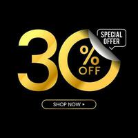 30 Percent Off Discount. Golden Numbers With Percent Sign And Unique Zeros In Black Background. Special Offer. Vector Illustration