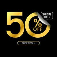 50 Percent Off Discount. Golden Numbers With Percent Sign And Unique Zeros In Black Background. Special Offer. Vector Illustration