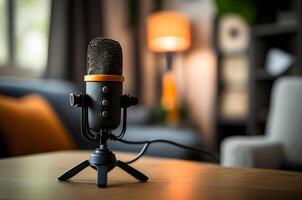 Close up of modern home studio podcast gadget interior, Microphone and laptop for on air live streaming on the table, photo