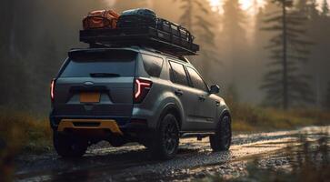 SUV car with luggages on roof rak for summer traveling with a forest road background, off road vehicle for vacation, photo