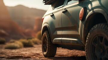 A rugged pickup truck navigating through a rough dirt on terrain route in the countryside, photo