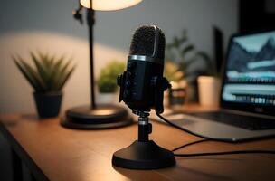 Close up of modern home studio podcast gadget interior, Microphone and laptop for on air live streaming on the table, photo