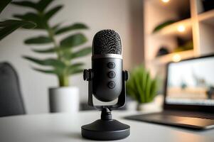 Close up of modern home studio podcast gadget interior, Microphone and laptop for on air live streaming on the table, photo