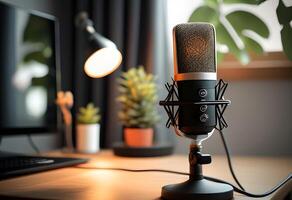 Close up of modern home studio podcast gadget interior, Microphone and laptop for on air live streaming on the table, photo