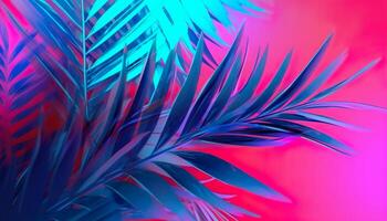 Tropical palm tree and leaves in vibrant color gradient background, summer design trend, photo