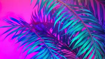 Tropical palm tree and leaves in vibrant color gradient background, summer design trend, photo