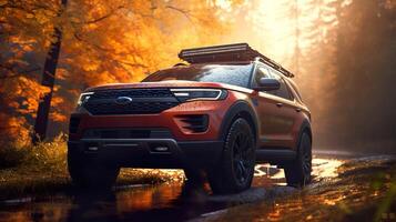 suv coche con techo rak para de viaje y aventuras con un bosque en otoño fondo, apagado la carretera vehículo para vacaciones, generativo ai foto