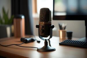 Close up of modern home studio podcast gadget interior, Microphone and laptop for on air live streaming on the table, photo