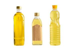 Vegetable oil with olive oil in different bottle for cooking isolated on white background with clipping path. photo