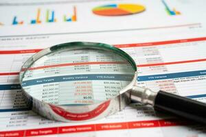 Magnifying glass on spreadsheet and graph paper. Financial, Banking Account, data economy, Business concept. photo