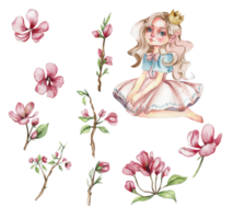 Flower fairy, little princess dressed in pink flower illustration. Cute character, flower princess. Watercolor illustration for greeting card, posters, stickers, packaging. png