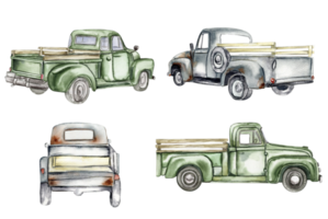Clásico acuarela gris y verde camiones colocar, mano dibujado ilustración de antiguo retro coche. png